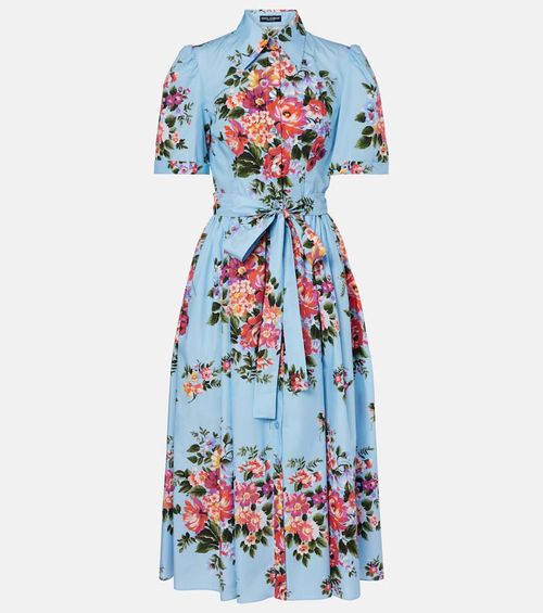 Floral belted cotton poplin shirt dress