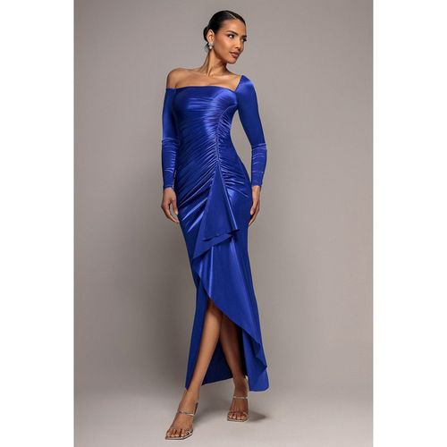Goddiva Slinky Satin One Shoulder Split Maxi Dress - Royal Blue