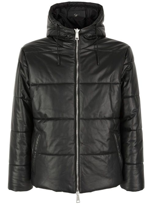 Drawstring-hood leather puffer jacket - Black