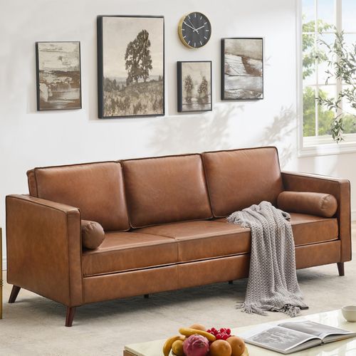 3 Seat Leather Sofa, Mid Century Modern Deep Seat Couch with Wide Armrests and Supportive Backrest, Brown Pu Couch, Waterproof Oversized Cloud