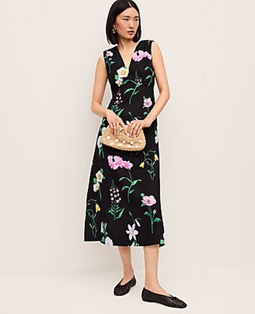 Ann Taylor Floral Linen Blend Midi Dress