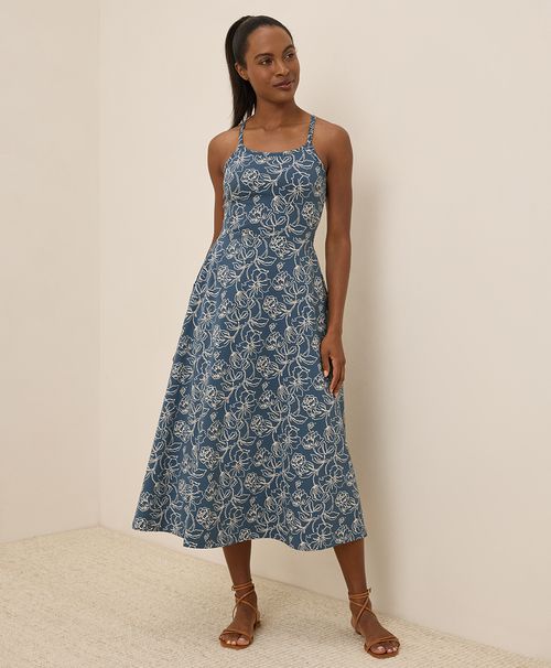 Women's Looking Glass Floral Slate Blue Fit & Flare Midi Dress HZ