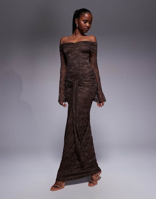 Exclusive double layered slinky lace bardot flare sleeve tie waist drape detail maxi dress in chocolate-Brown