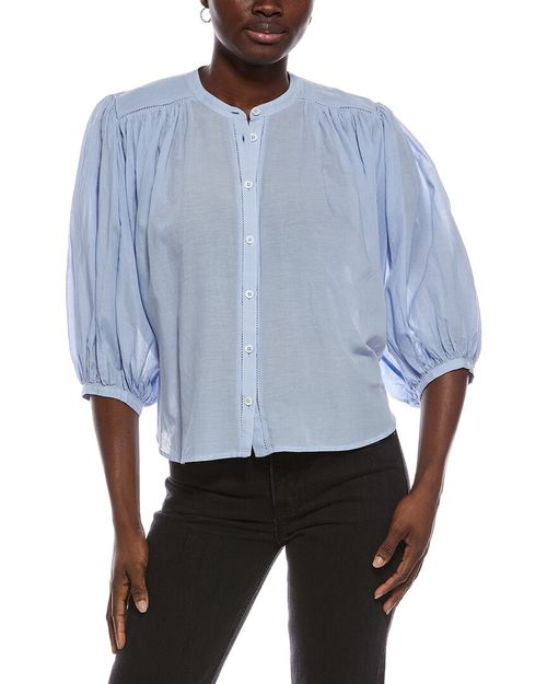 Shirred Crewneck Button-Up Top