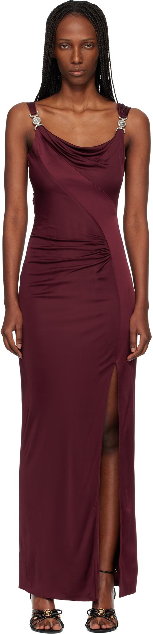 Burgundy Viscose-Jersey Draped Maxi Dress