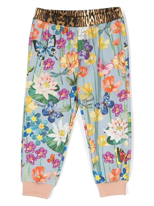 Floral-print cotton track pants - Blue