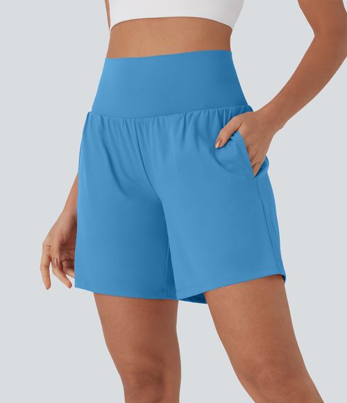 "SoftlyZero™ Airy Super High Waisted 2-in-1 Cool Touch Yoga Shorts 7"" with Pockets Gym Short - Bonnie Blue