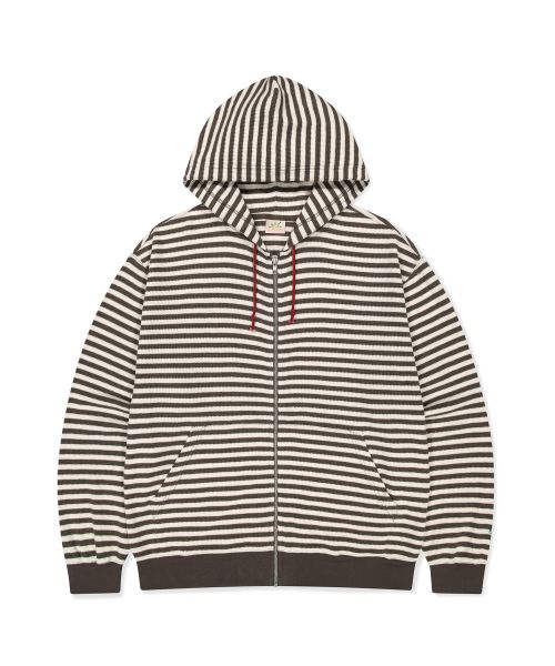 Striped Waffle Zip Up Hoodie Brown