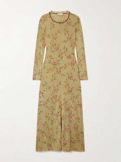 Rabanne | Distressed Floral-print Metallic Knitted Maxi Dress - Gold |  Realry
