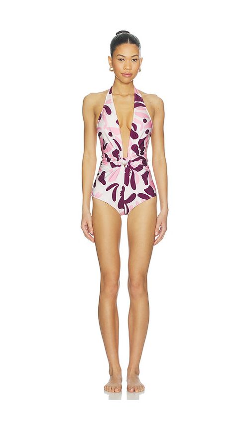 ADRIANA DEGREAS Bold Floral Halterneck Swimsuit in Pink. - M also in