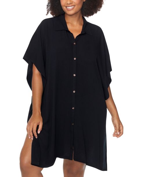 Trendy Plus Vacay Button-Front Cover-Up Shirt - Black