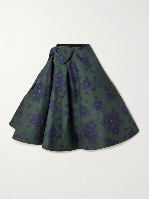 Asymmetric Bow-embellished Floral-print Cotton Midi Skirt - Green