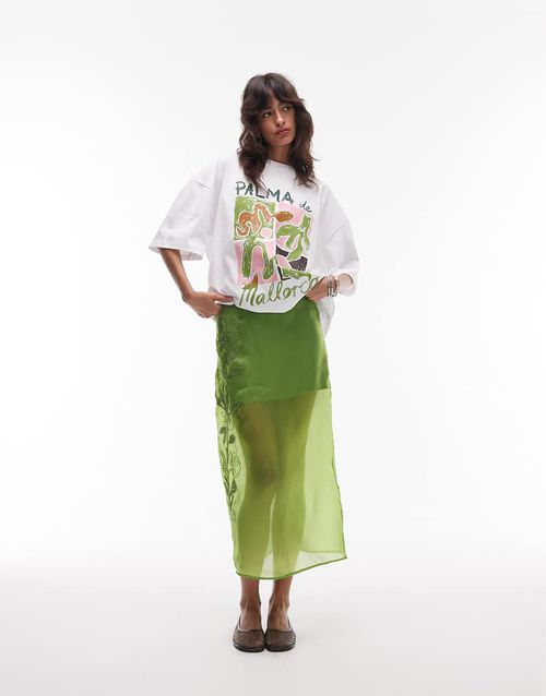 Embroidered organza midi skirt in green
