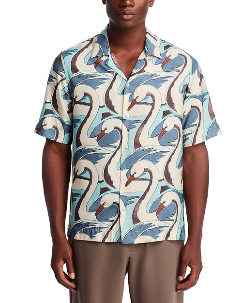 Swan Print Short Sleeved Regular Fit Button Down Shirt
