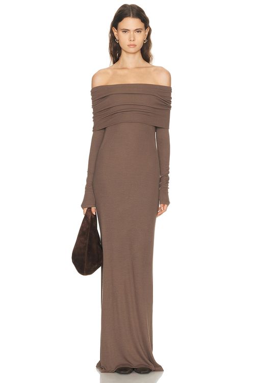 Enza Costa Silk Rib Off Shoulder Fluid Dress in Mushroom - Brown. XS also in S