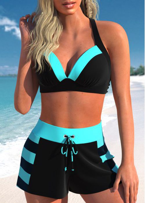 Modlily Patchwork High Waisted Striped Navy Bikini Set