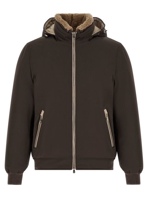 Detachable Shearling-Lined Hood Down Jacket — Brown