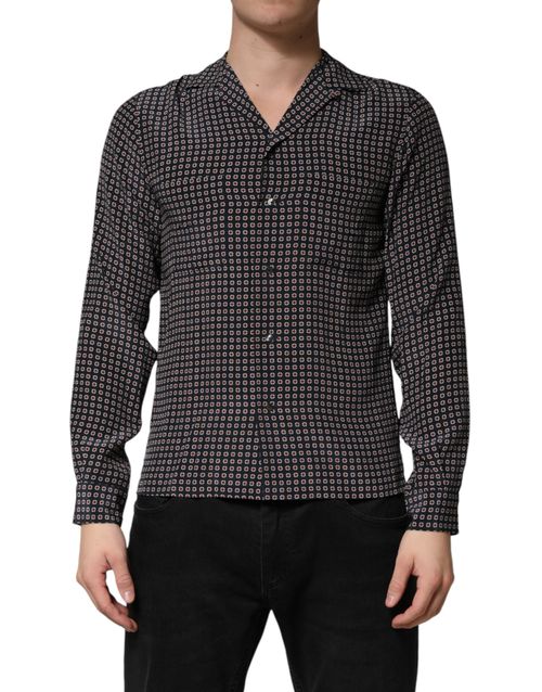 Geometric Patterned Silk Shirt — Black
