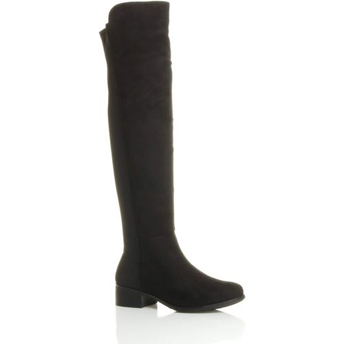 Low Block Heel Elastic Gold Zip Faux Suede Over The Knee Boots