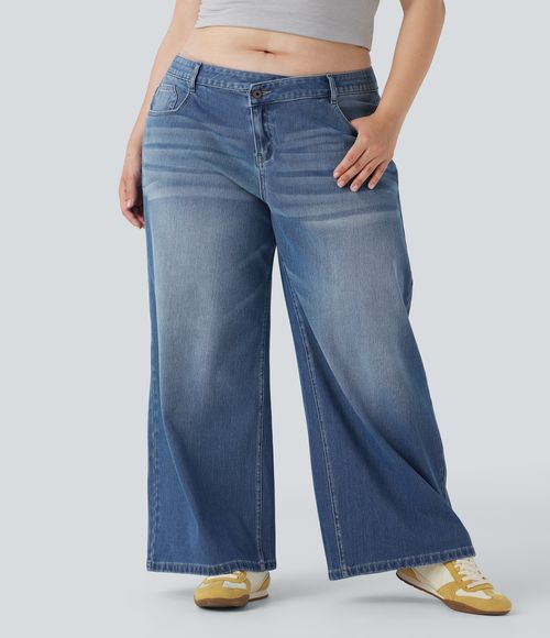 Plus Size Flex™ Asymmetric Low Rise Wide Leg Washed Casual Jeans with Pockets  - Blue Jasper Denim