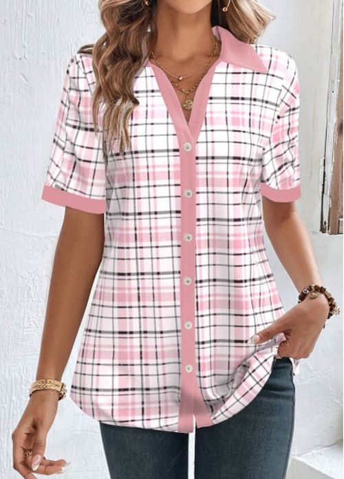 Modlily Light Pink Button Plaid Short Sleeve Blouse
