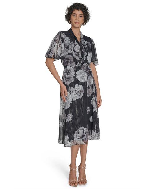 Women's Flutter Sleeve Midi Dress - Black/grey Multi