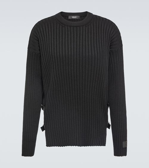 Leather-trimmed knit wool sweater