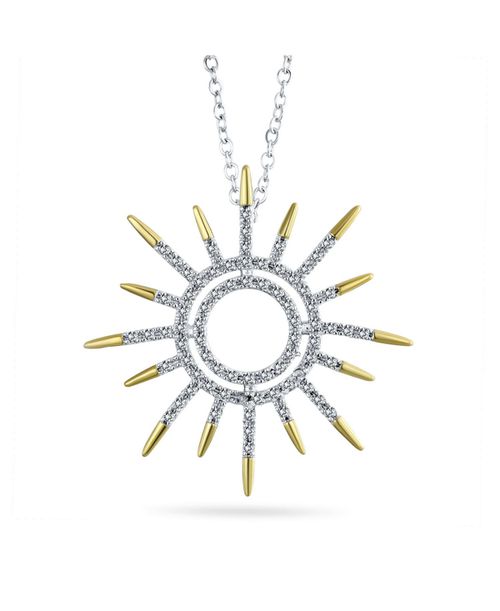 Summer Flaming Sunshine Two Tone Micro Pave Cz Starburst Celestial Sunburst Pendant Necklace 14K Gold Brass - Two-tone
