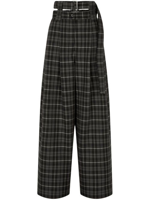 Tartan check-pattern belted tuck trousers - Black