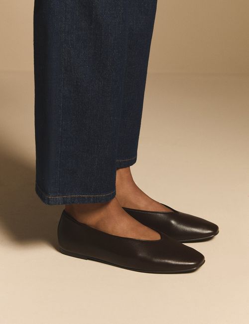 Brown Leather High Vamp Ballet Flat