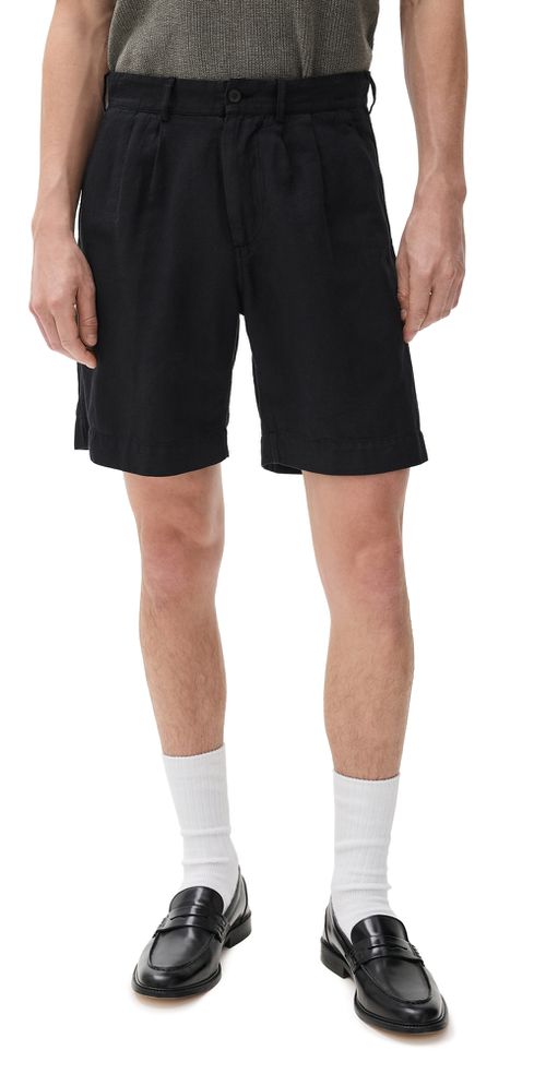 Knickerbocker Canal Cotton & Linen Pleated Shorts Black