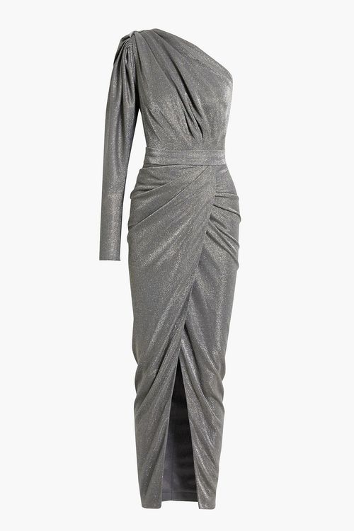 One-sleeve draped glittered jersey gown