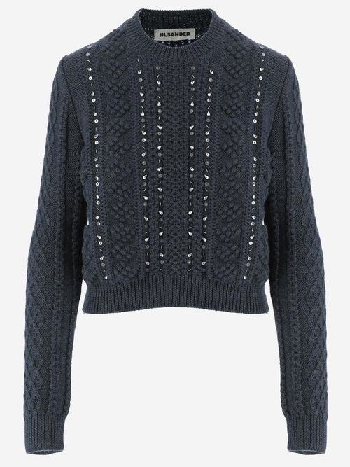 Sequin-Embellished Virgin Wool Sweater — Navy