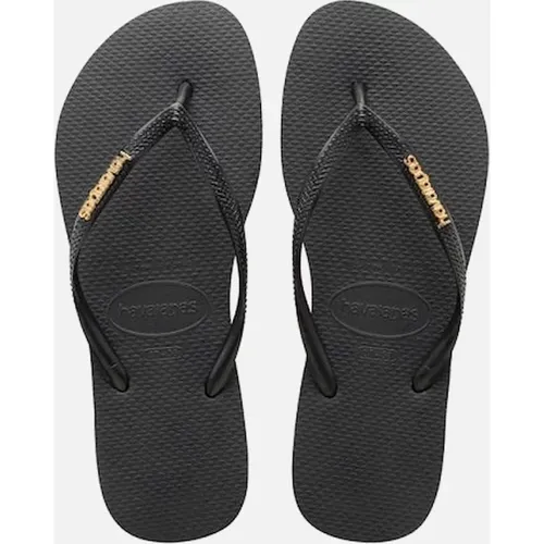 Women's Havaianas HAV SLIM LOGO METALLIC Womens Flip-Flops Black/Gold - Black/Black - Size: 3/3.5/4