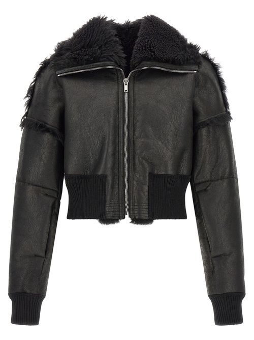 Lamb Fur and Leather Cropped Bomber Jacket — Black