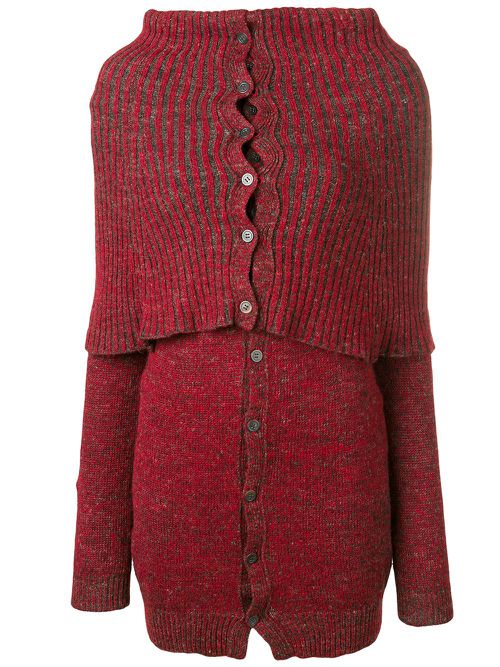 Ribbed high neck cardigan - Red