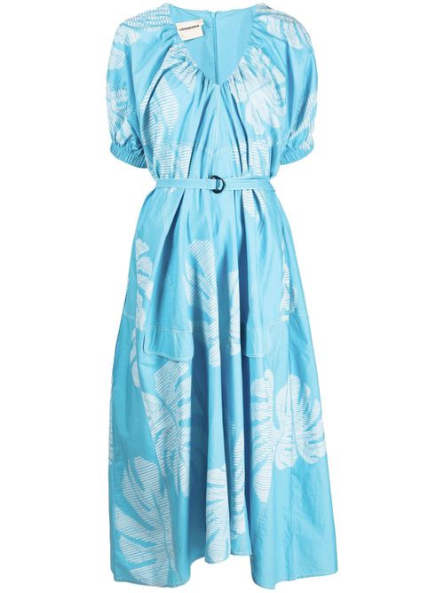 Puff-sleeve printed midi dress - Blue