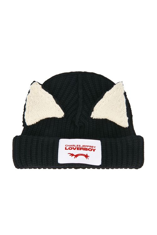 Charles Jeffrey LOVERBOY Chunky Ears Beanie in Black & Ecru - Black. a