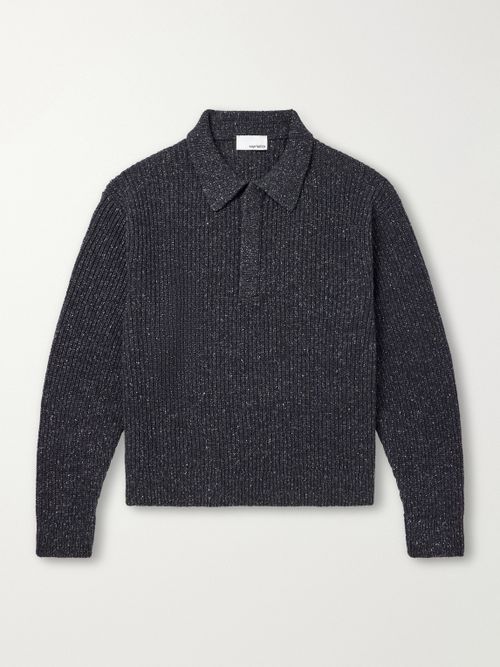 Ribbed-Knit Wool Polo Sweater