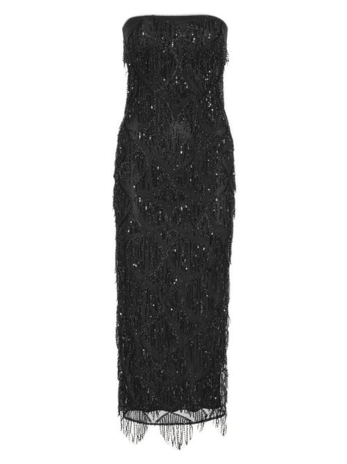 Sequin Midi Tube Dress with Beaded Fringe Trim
