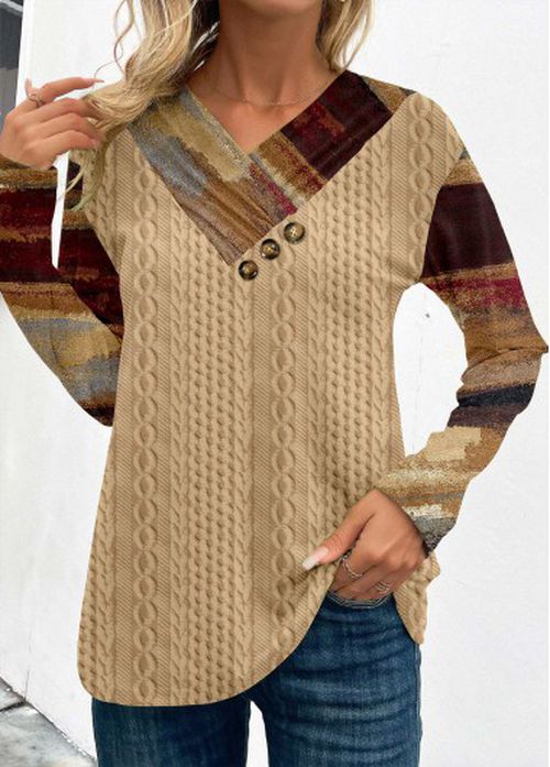 Modlily Light Camel Patchwork Graffiti Print Long Sleeve Sweatshirt