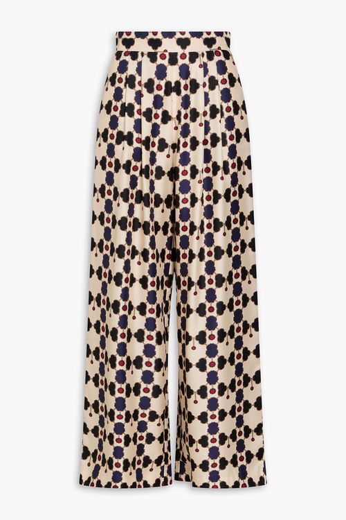 Melia pleated printed silk-twill wide-leg pants - Neutral - UK 10