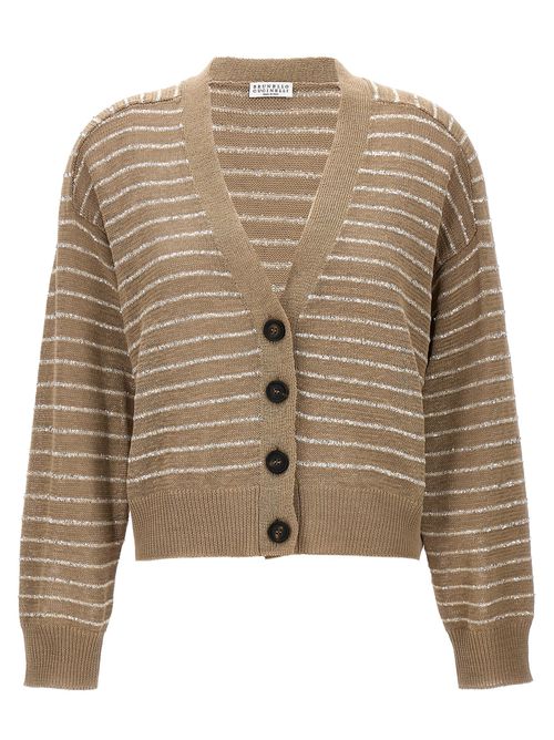 -Sequin Striped Cardigan Maglioni Beige-Donna