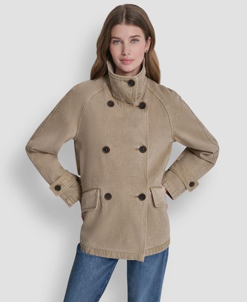 Women's Denim Double Breasted A-Line Coat - Khaki