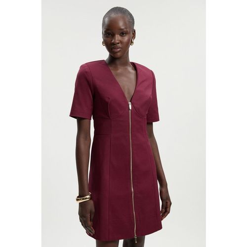 Karen Millen Womens Techno Cotton Short Sleeve Zip Detail Woven Mini Dress - Burgundy
