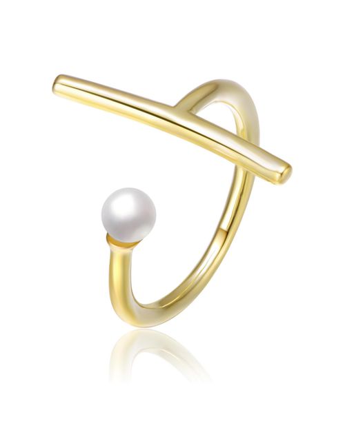 14K Gold Plated Pearl Assymetrical Open Ring - Gold
