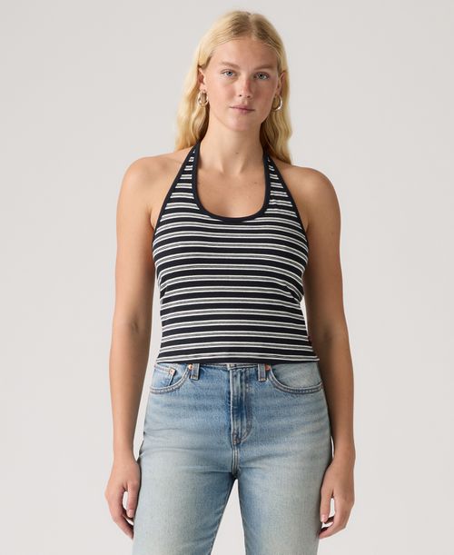 Women's Ella Striped Halter Crop Top - Black White Stripe