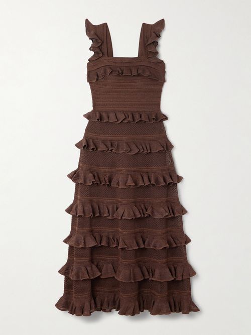 Ruffled Tiered Pointelle-knit Midi Dress - Brown