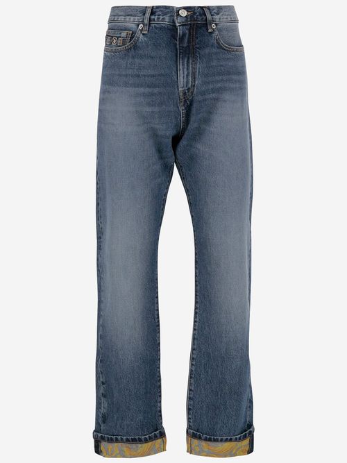 Stretch Cotton Denim Jeans With Baroque Pattern