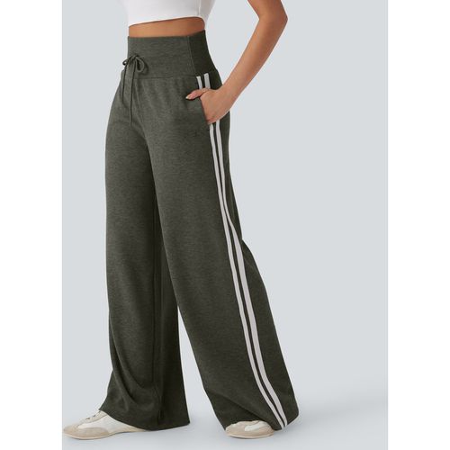 Halara Ribbed High Waisted Tummy Control Drawstring Wide Leg Color Block Casual Pants with Pockets - Forest Night - XLpetite